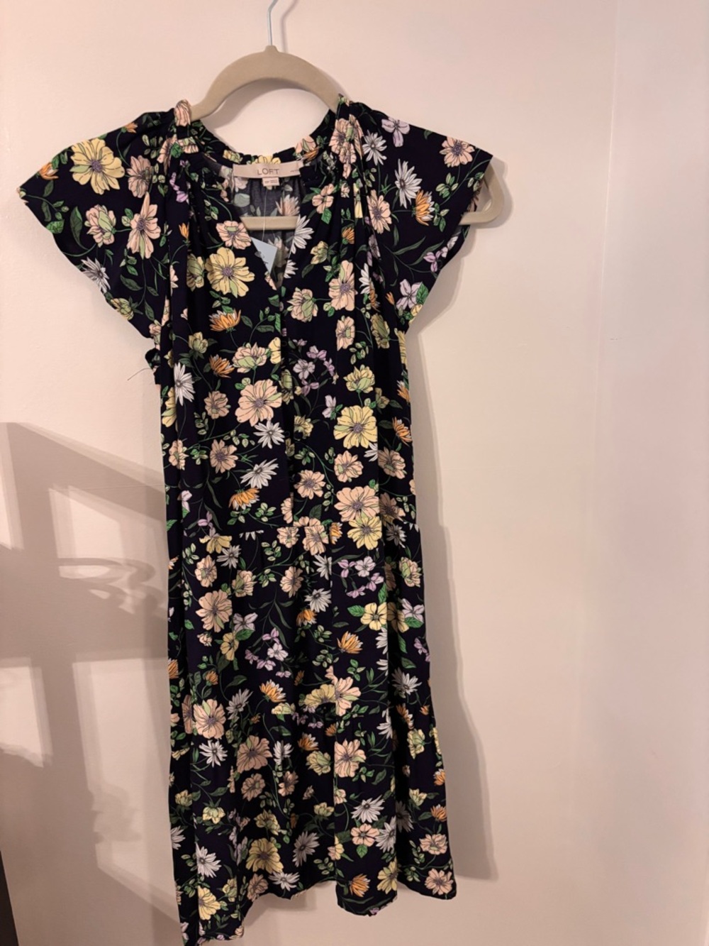 LOFT Petites Navy Floral Button-Front Dress with Pink and Yellow Blooms NWT - Picture 4 of 7